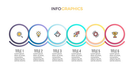 Business infographics. Presentation with 6 steps, circles. Vector template.