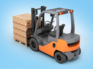 Forklift truck with boxes on pallet on blue gradient background 3d