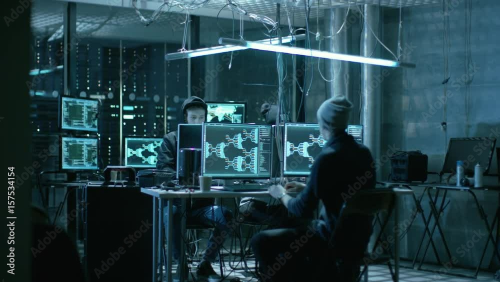 Aufkleber Hooded Teenage Hacker Successfully Attacks Global Infrastructure Servers with Virus. Display Showing Stages of Hacking in Progress: Exploiting Vulnerability, Executing and Granted Access. 