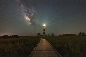 Boardwalk To Bodie Island Light at night 