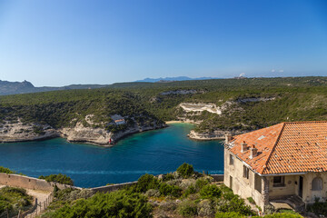 Fototapeta na wymiar Island of Corsica, France. Picturesque view from the sea bay in Bonifacio