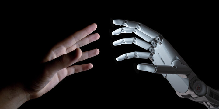 Hands of Robot and Human Touching. Artificial Intelligence Technology Concept 3d Illustration