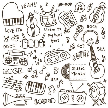 Set of Cute Music Instrument & Music Player Doodle 