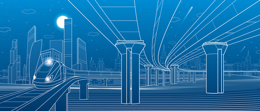 Road overpass. Transportation bridge. Train rides. Towers ans skyscrapers. Urban infrastructure, modern city on background, industrial architecture. White lines illustration, vector design art 