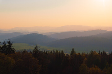 Sunset in the mountains view from the hill
