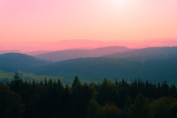 Early scarlet dawn in the mountains