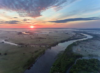 Fototapeta premium aerial view of river at sunrise