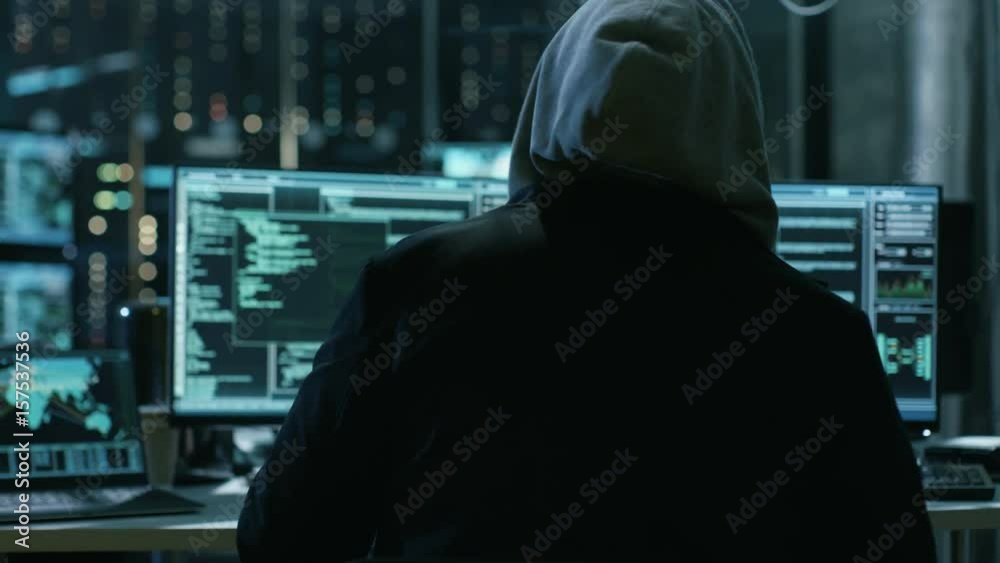 Aufkleber Dangerous Hooded Hacker Breaks into Government Data Servers and Infects Their System with a  Virus. Shot on RED EPIC-W 8K Helium Cinema Camera.