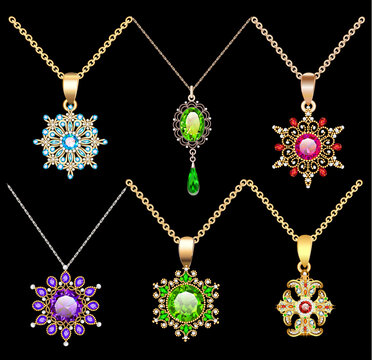 Illustration set of jewelry vintage pendants ornament made of beads of gold color and precious stones and pearls