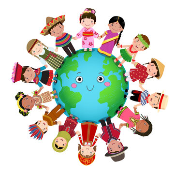 Multicultural children holding hand around the world