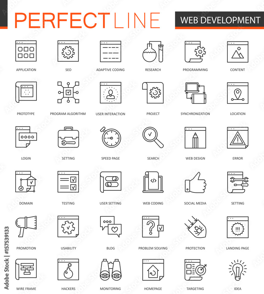 Poster SEO and development thin line web icons set. Outline stroke icons design.