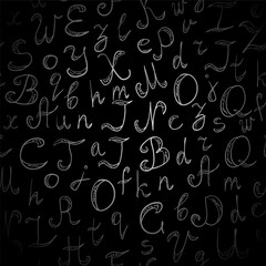 Seamless Pattern Hand Drawn Doodle Font. Children Drawings of Scribble Alphabet on Black Background. Vector Illustration.