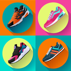 fitness sneakers shoes for training running shoe flat design with long shadow. Sport shoes set