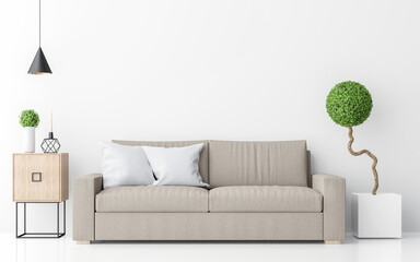 Modern white living room interior minimalist style image 3d rendering .There are light brown sofa,white wall and sphere form tree