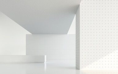 Empty white room modern space interior 3d rendering image.A blank wall with pure white. Decorate with geometry object