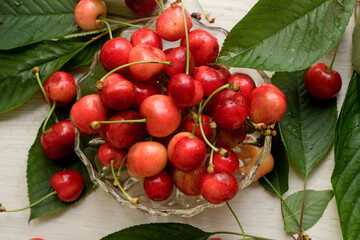 Bowl of cherries with leaves around