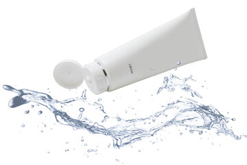Open lid lotion tube packaging is splashed by water