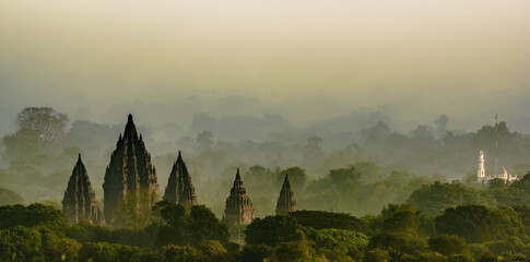 Prambanan temple viewed in foggy morning