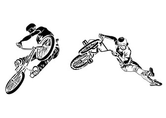 Bikers on white background. Extreme theme modern print. Isolated on white