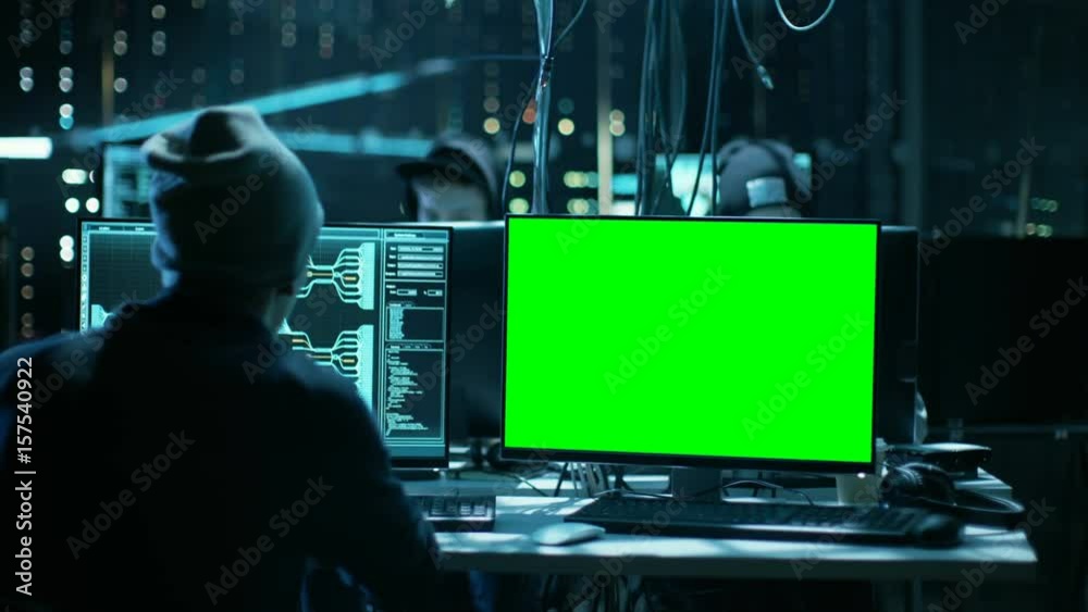 Poster team of internationally wanted teenage hackers with green screen mock-up display infect servers and 