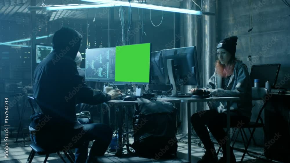 Poster team of internationally wanted teenage hackers with green screen mock-up display infect servers and 