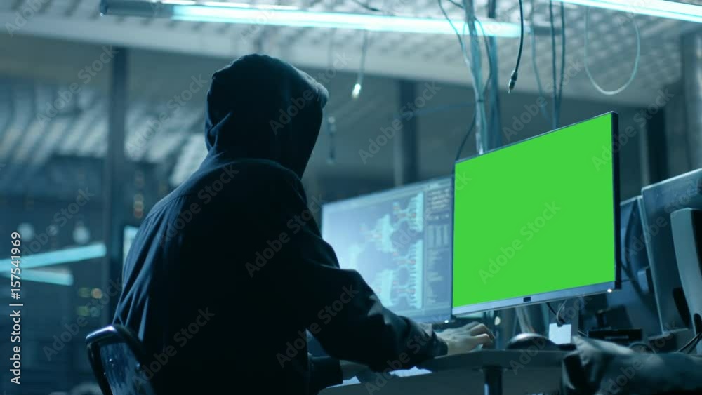 Poster team of internationally wanted teenage hackers with green screen mock-up display infect servers and 