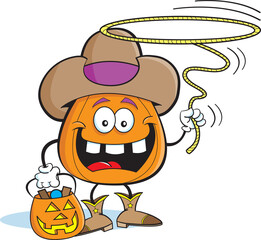 Cartoon illustration of a pumpkin dressed as a cowboy.