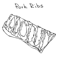 Row Pork Ribs. Realistic Vector Illustration Isolated Hand Drawn Doodle or Cartoon Style Sketch. Fresh Meat Cuts.