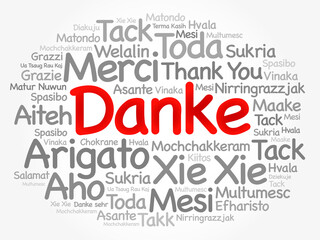 Danke (Thank You in German) Word Cloud background, all languages, multilingual for education or thanksgiving day