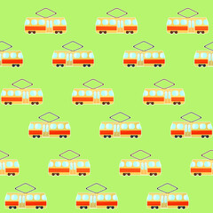 Cute colorful tram pattern, beige and red streetcar on green background