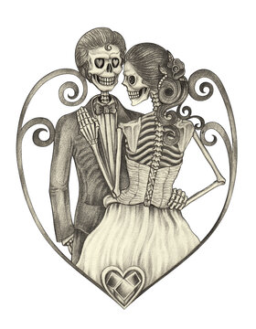 Art wedding skulls day of the dead.Hand pencil drawing on paper.