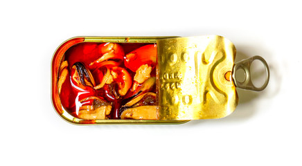 mussels in a can over white background