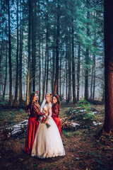 Obraz na płótnie Canvas Bride and bridesmaids in red dresses stand on the path in pine forest.