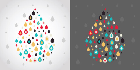 Colorful drops in drop shape. Rainy ornament. Vector illustration