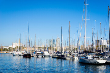 Street view of Barcelona harbor with boats, Spain Europe