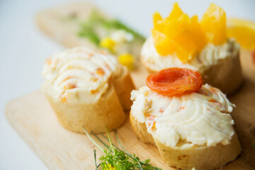 Many kinds of sandwiches, bruschetta, and tea, coffee, fresh juice - for a family breakfast. The top view