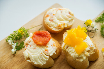 Many kinds of sandwiches, bruschetta, and tea, coffee, fresh juice - for a family breakfast. The top view