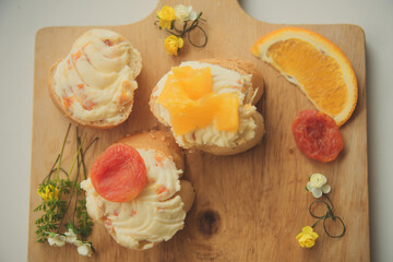 Many kinds of sandwiches, bruschetta, and tea, coffee, fresh juice - for a family breakfast. The top view