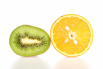 Fototapeta na wymiar Kiwifruit and orange halves isolated on white background
