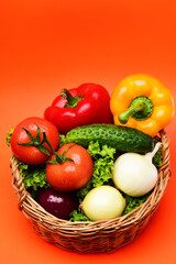 vegetarianism concept, vegetables, lettuce, tomatoes, onions, peppers, cucumber in basket