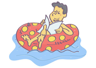 Isolated colorful vector cartoon of man in swimming float, relaxing and reading newspapers. 