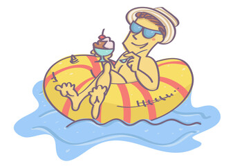 Funny vector cartoon with man lying on swim float, chilling and eating ice cream