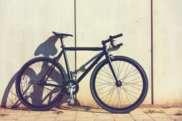 Fototapeta na wymiar Mans bicycle leaning against a wall in sunshine
