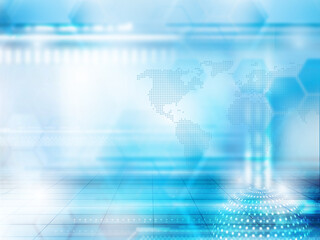 Obraz premium Blue abstract background blurred. Technology geometric shapes futuristic illustration and world map.