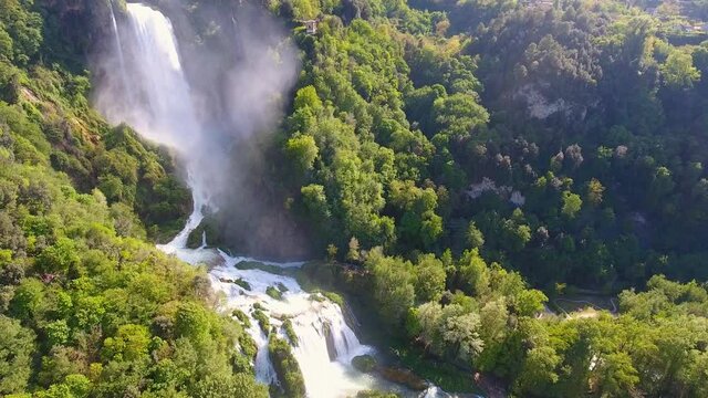 Aerial View of Marmore's Falls in Umbria, Italy, one of highest waterfall of Europe