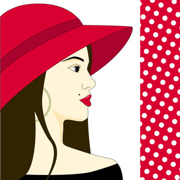 Beautiful fashion woman model with red hat and long hair - vector illustration. Female portrait. Fashion illustration.
