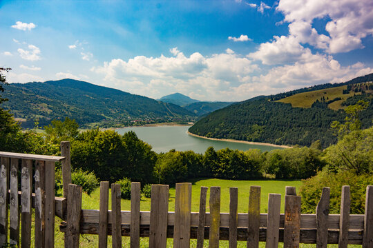 pictuesque landscape with mountains and lake