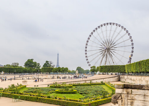 Tourists walk near the Louvre museum on Tuileries park with Ferris wheel on a background - Powered by Adobe