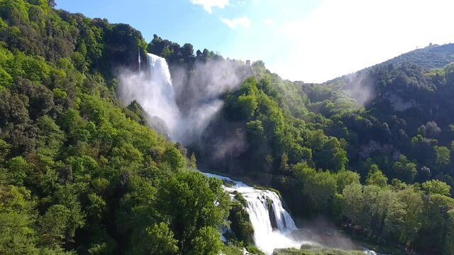 Aerial View of Marmore's Falls in Umbria, Italy, one of highest waterfall of Europe