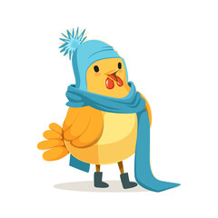 Funny chick wearing a blue knitted hat and scarf standing colorful character vector Illustration